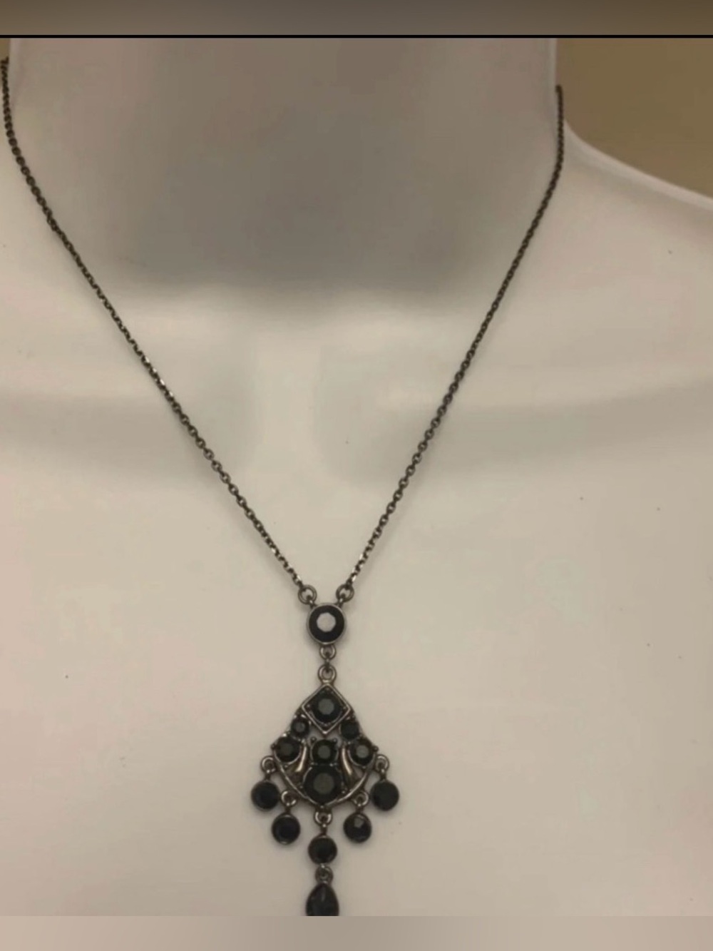 Vintage Guess Black Art Deco Style Rhinestone  Drop Necklace